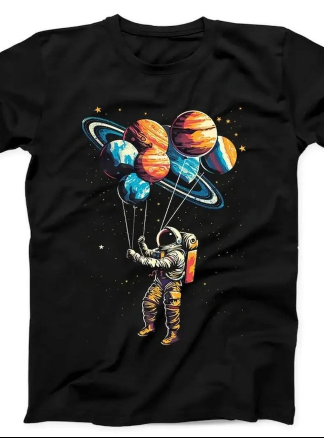 Astronaut in Space Planets Balloons Solar System Black T Shirt, Quirky Graphic, Space Theme, Durable Material, Breathable Fabric, Round Neck Top, Short Sleeve Shirt