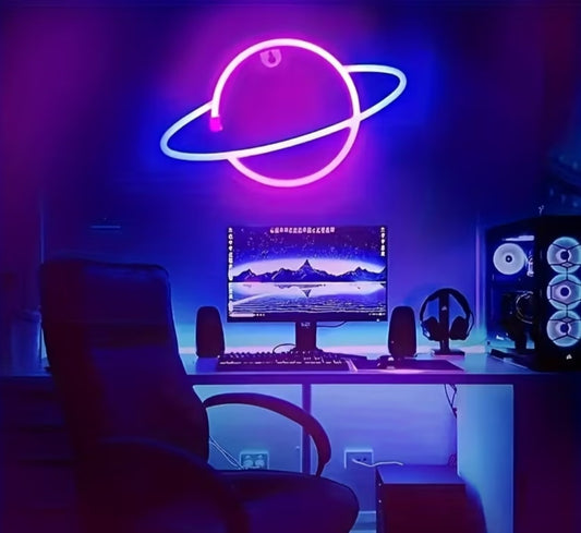 1pc, planetary LED neon sign, wall decoration with cool for SATURN shaped lights, battery or USB powered - dual power supply