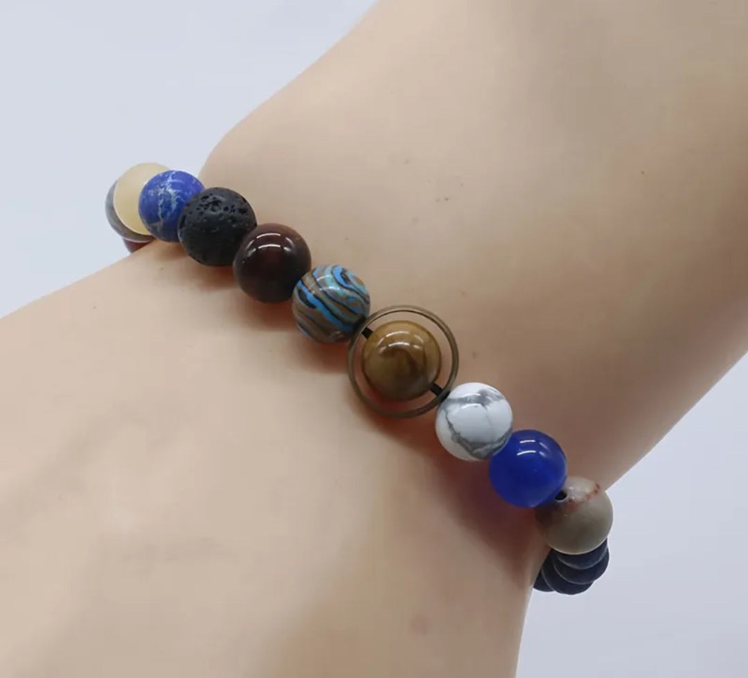 Universe-Inspired Galaxy Solar System Eight Planets Unisex Bracelet - Natural Seven Chakra Stone Beads Handcrafted, Adjustable Jewelry