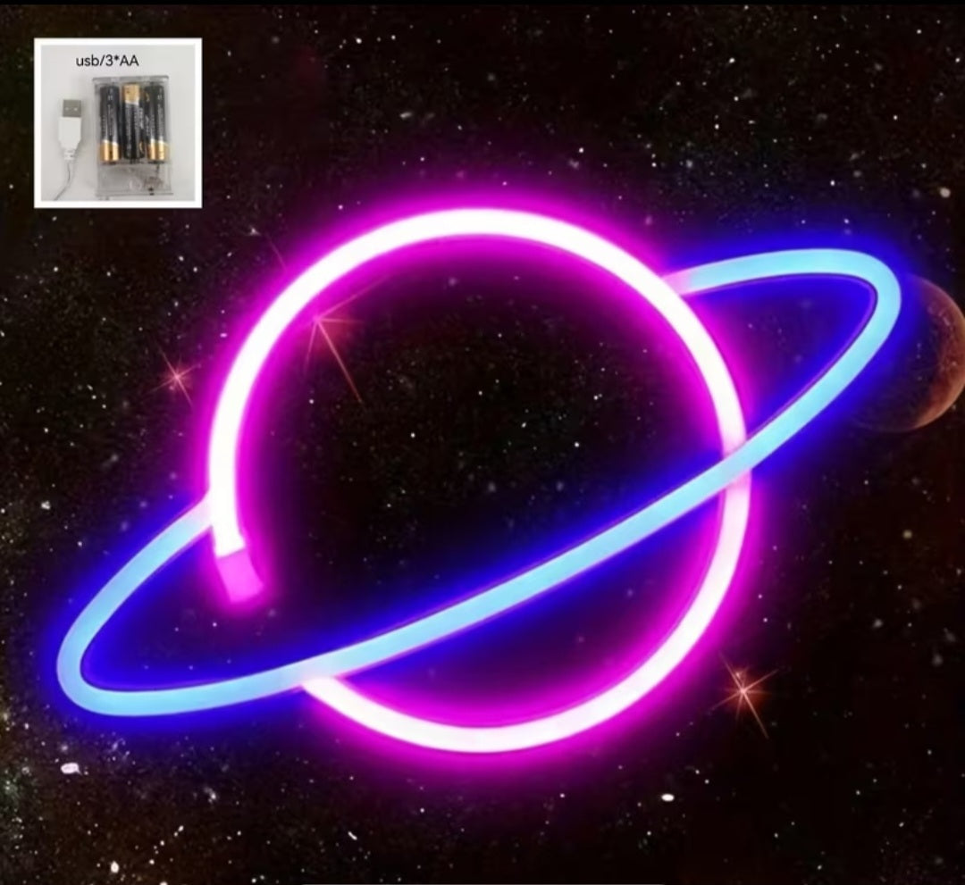 1pc, planetary LED neon sign, wall decoration with cool for SATURN shaped lights, battery or USB powered - dual power supply