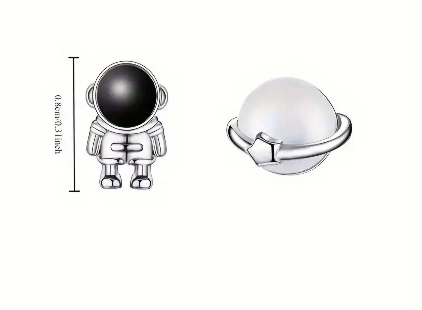 Ladies Astronaut and Planet Asymmetrical Earrings, Elegante Minimalist Design Hypoallergenic Studs, Jewelry