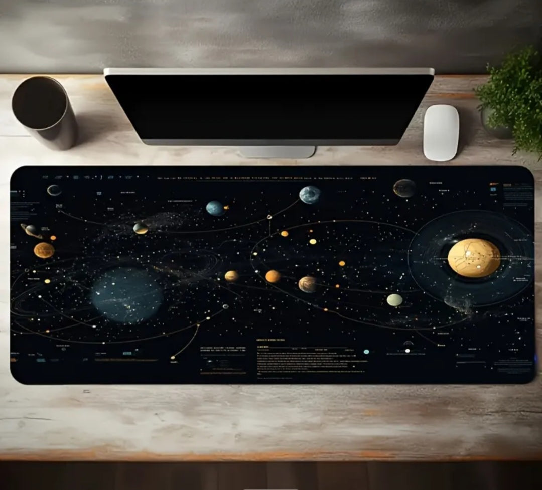 A Large Gaming Mouse Pad Featuring a Black And Golden Cosmic Planet Network Design, with a Non-Slip, Washable Rubber Base. This Oversized Desk Mat Is Perfect for Office Additions, Computer Decor, And Desktop Decoration