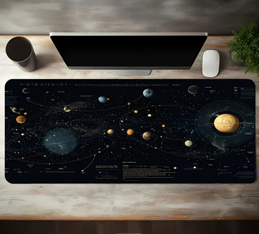 A Large Gaming Mouse Pad Featuring a Black And Golden Cosmic Planet Network Design, with a Non-Slip, Washable Rubber Base. This Oversized Desk Mat Is Perfect for Office Additions, Computer Decor, And Desktop Decoration