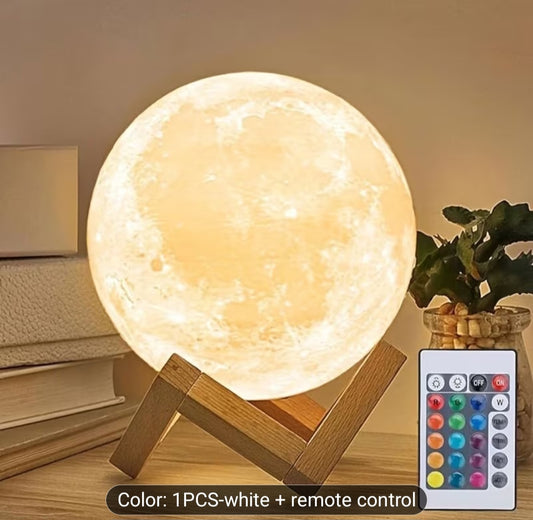 16-Color RGBW LED Moon Lamp with Remote Control & Wooden Stand - 3D Printed Night Light, USB-Powered Bedside Lighting, 6.1-Inch Realistic Moon Design for Bedroom, Room Decor.