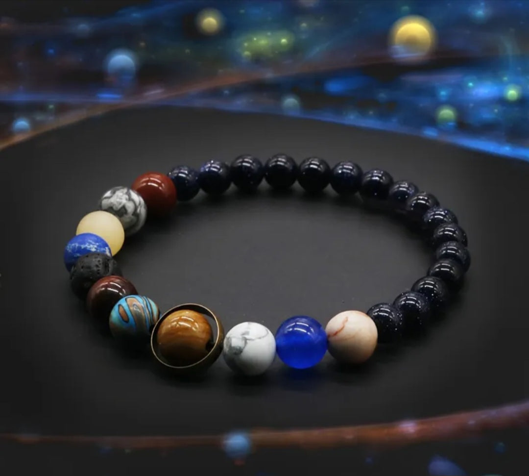 Universe-Inspired Galaxy Solar System Eight Planets Unisex Bracelet - Natural Seven Chakra Stone Beads Handcrafted, Adjustable Jewelry