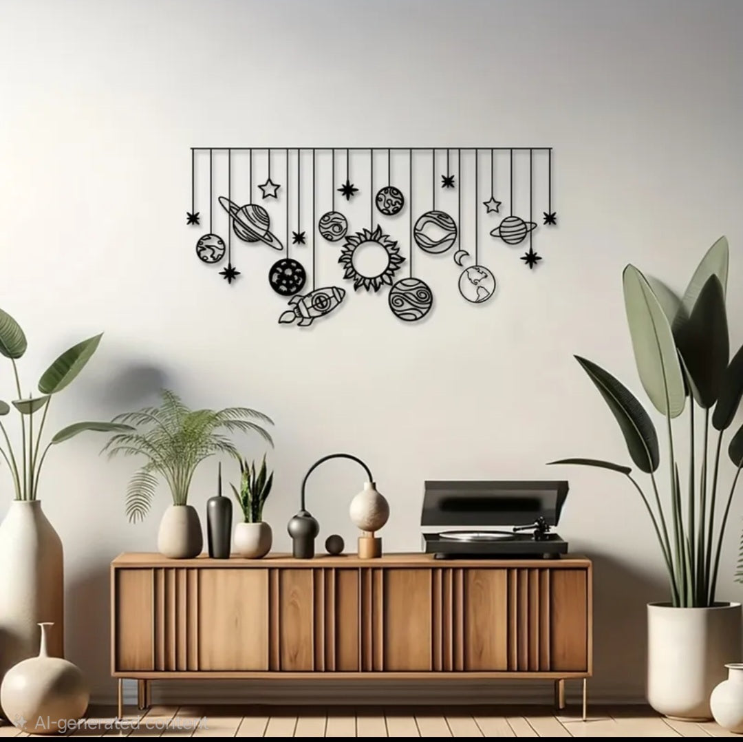 1pc of Metal Wall Art Depicting The Solar System, Measuring 15.7 Inches by 7.5 Inches, Featuring Space And Galaxy Themes. This Modern Laser-Cut Decoration
