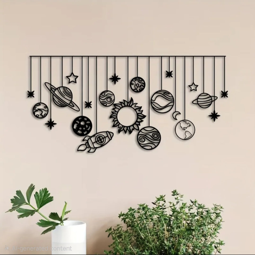 1pc of Metal Wall Art Depicting The Solar System, Measuring 15.7 Inches by 7.5 Inches, Featuring Space And Galaxy Themes. This Modern Laser-Cut Decoration