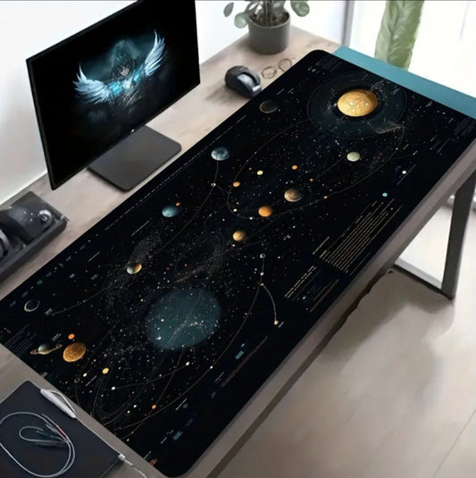 A Large Gaming Mouse Pad Featuring a Black And Golden Cosmic Planet Network Design, with a Non-Slip, Washable Rubber Base. This Oversized Desk Mat Is Perfect for Office Additions, Computer Decor, And Desktop Decoration